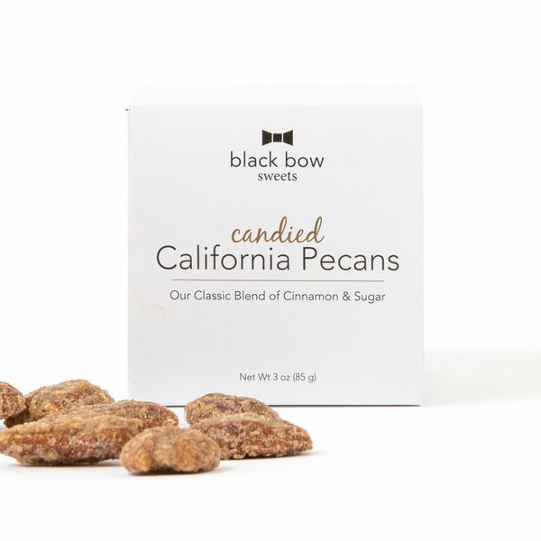 Square box of Black Bow Sweets candied California pecans