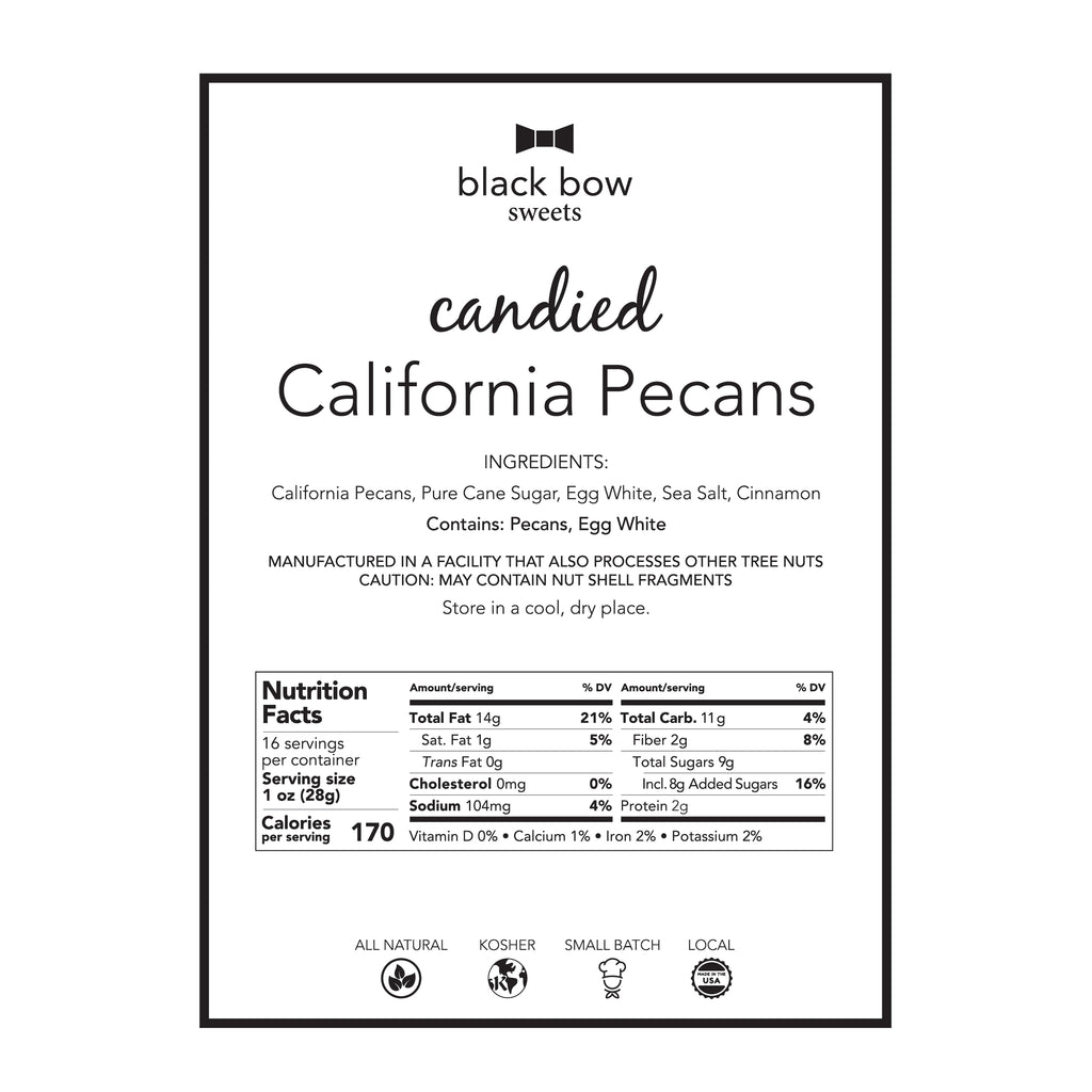 A black and white label showing nutrition information for Black Bow Sweets candied California pecans.