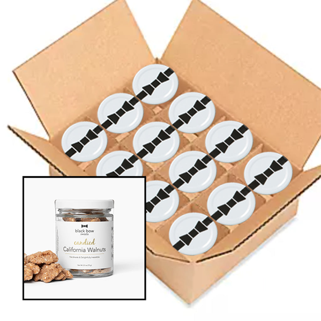 A case of 12 jars of Black Bow Sweets candied California walnuts