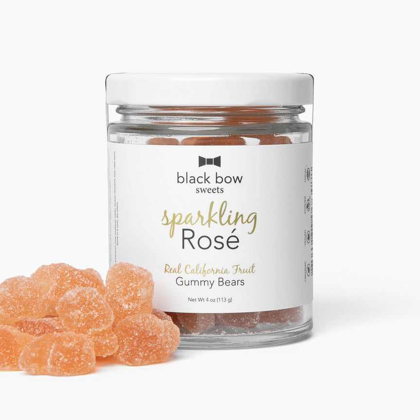 A jar of Black Bow Sweets sparkling rosé real California fruit gummy bears.