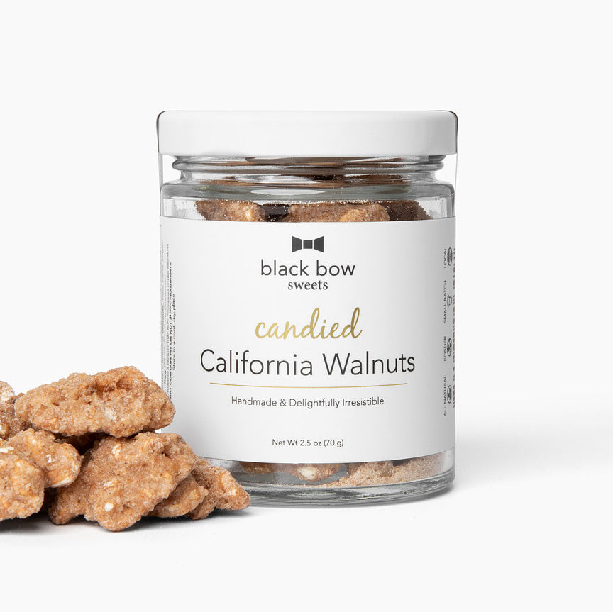 A jar of Black Bow Sweets candied California walnuts