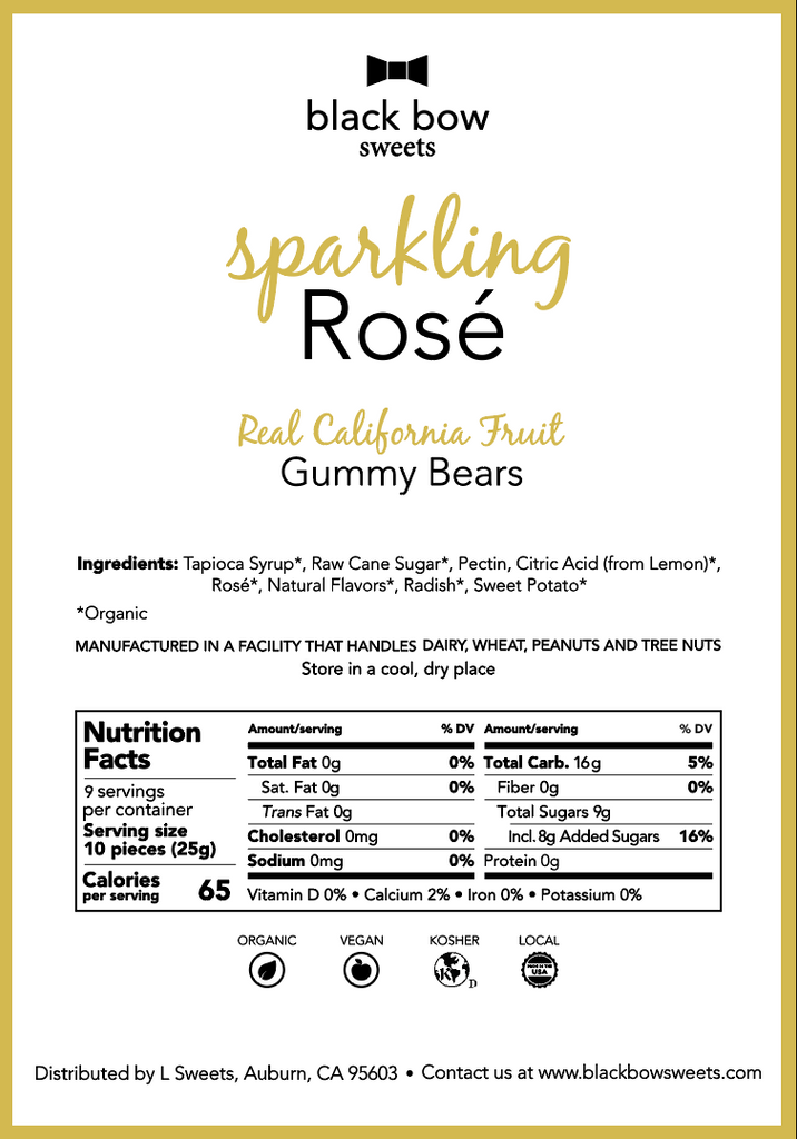 A label showing nutrition information for Black Bow Sweets sparkling rosé real California fruit gummy bears.